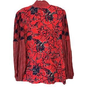 Blank London Anthropologie Floral Mixed Print Blouse Women's S Red Mock Neck